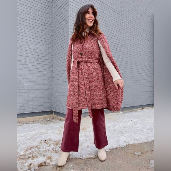 Modcloth The Great 'Es-Cape' Belted Coat Cape Button-Up Pink Tweed Plus Size 3X - Picture 1 of 7